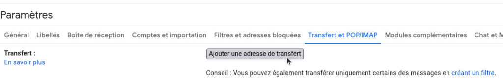 ajouter adresse de transfert