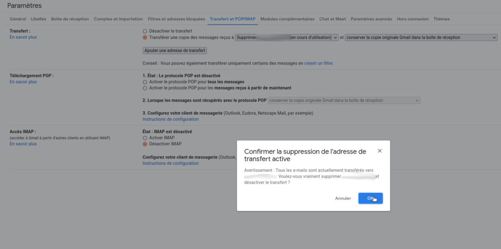 supprimer adresse transfert Gmail